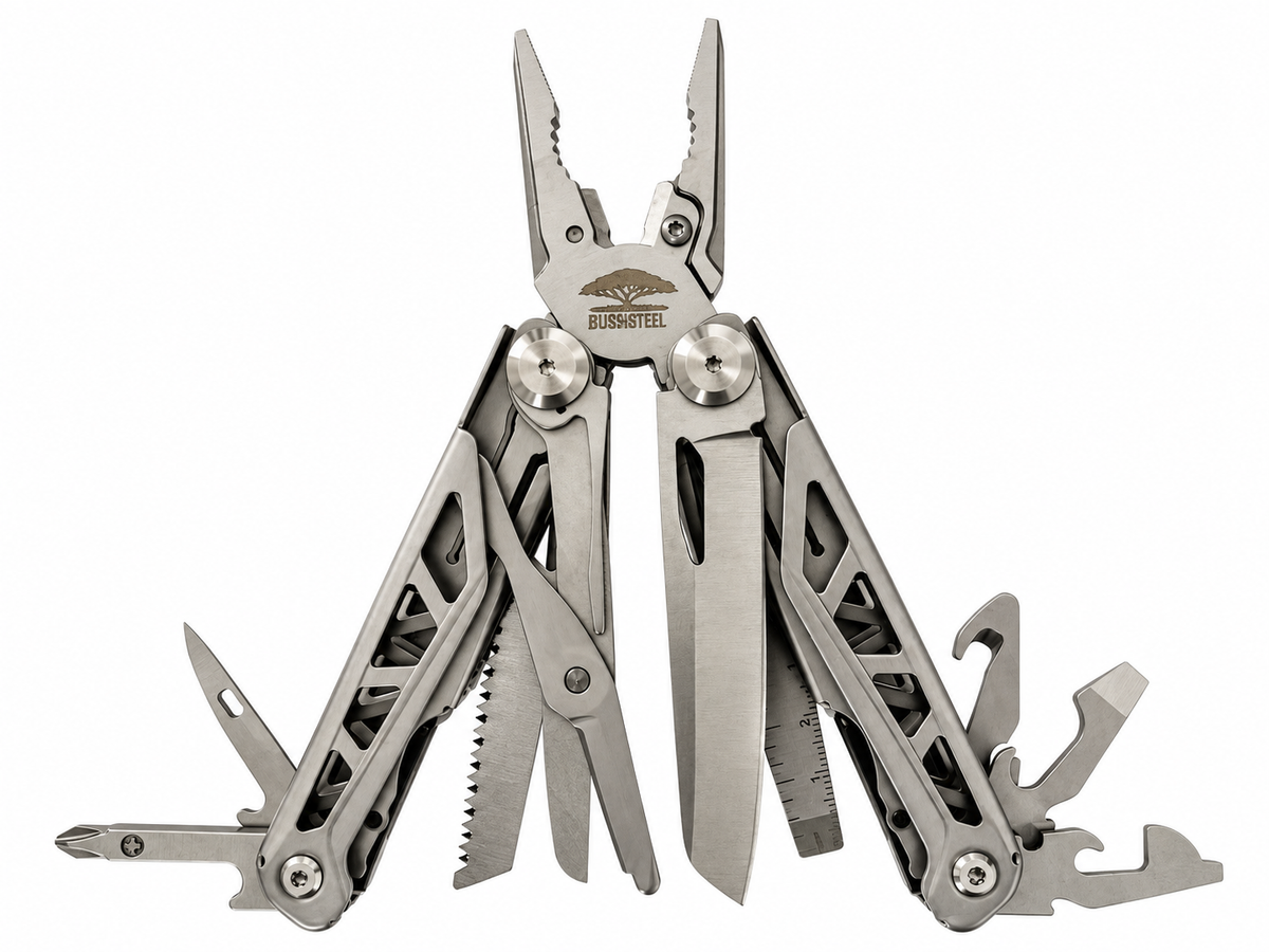 Bushsteel Workhorse 15-in-1 multi-tool with all tools open